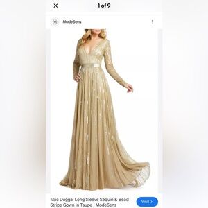 Mac Duggal |Sequined V Neck Illusion Sleeve A Line Gown